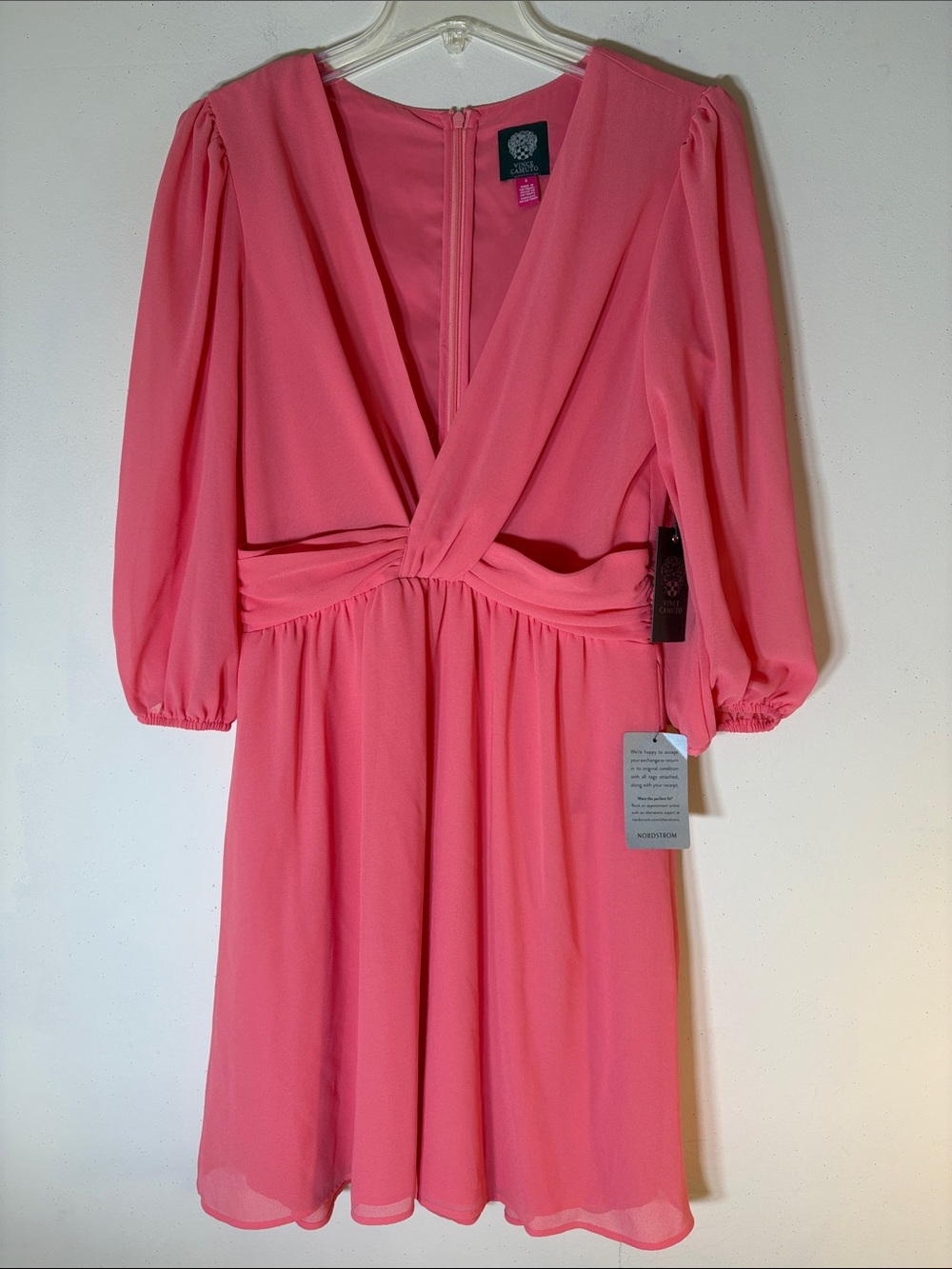 Vince Camuto Coral Pink V-Neck Chiffon Dress. 8. NWT. $138!